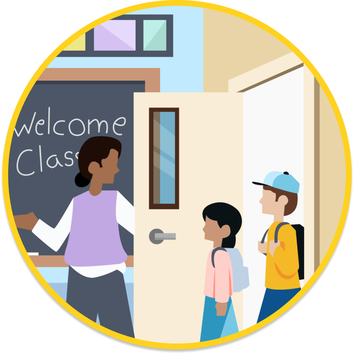 A mentor welcoming students into a classroom