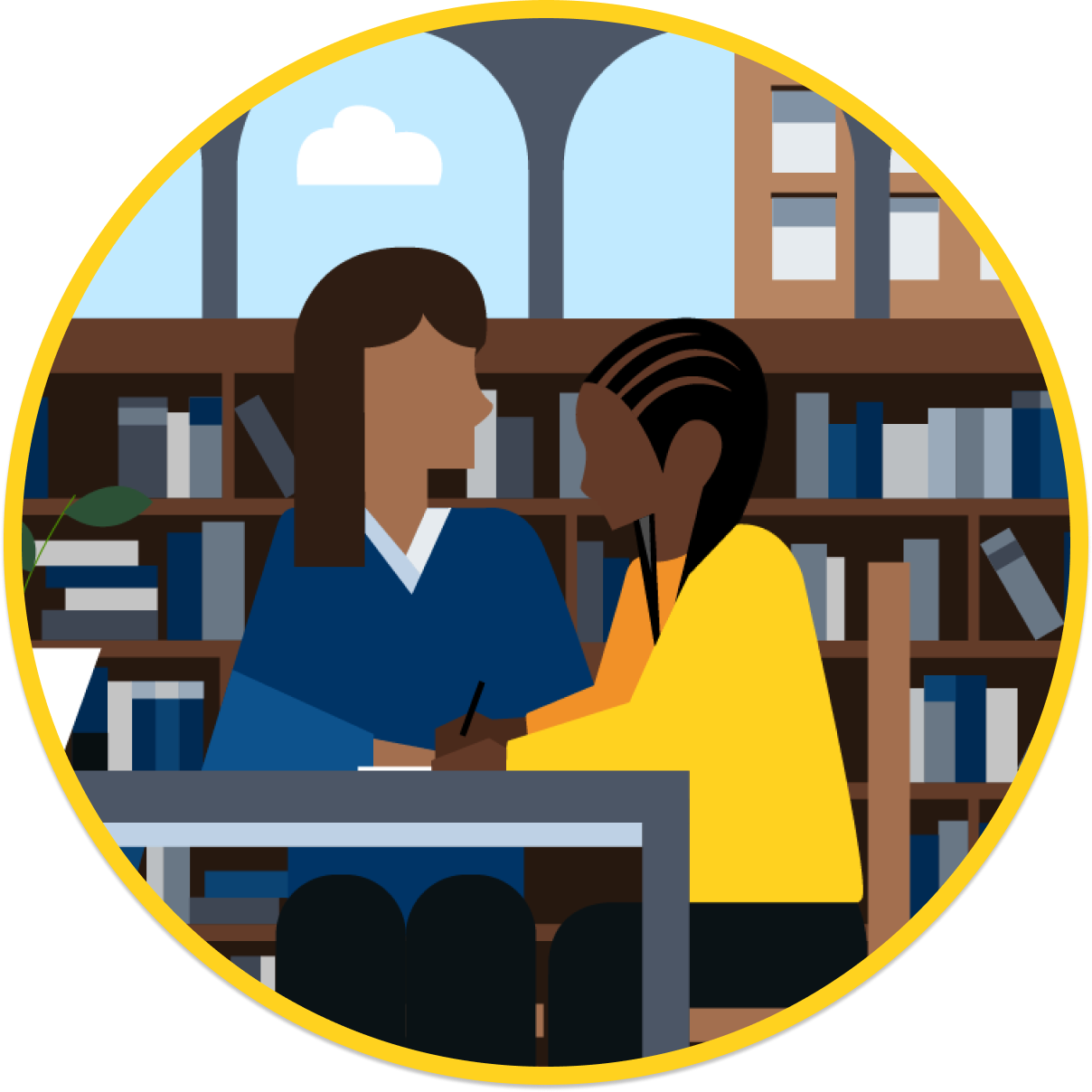 A mentor supporting a student studying in a library